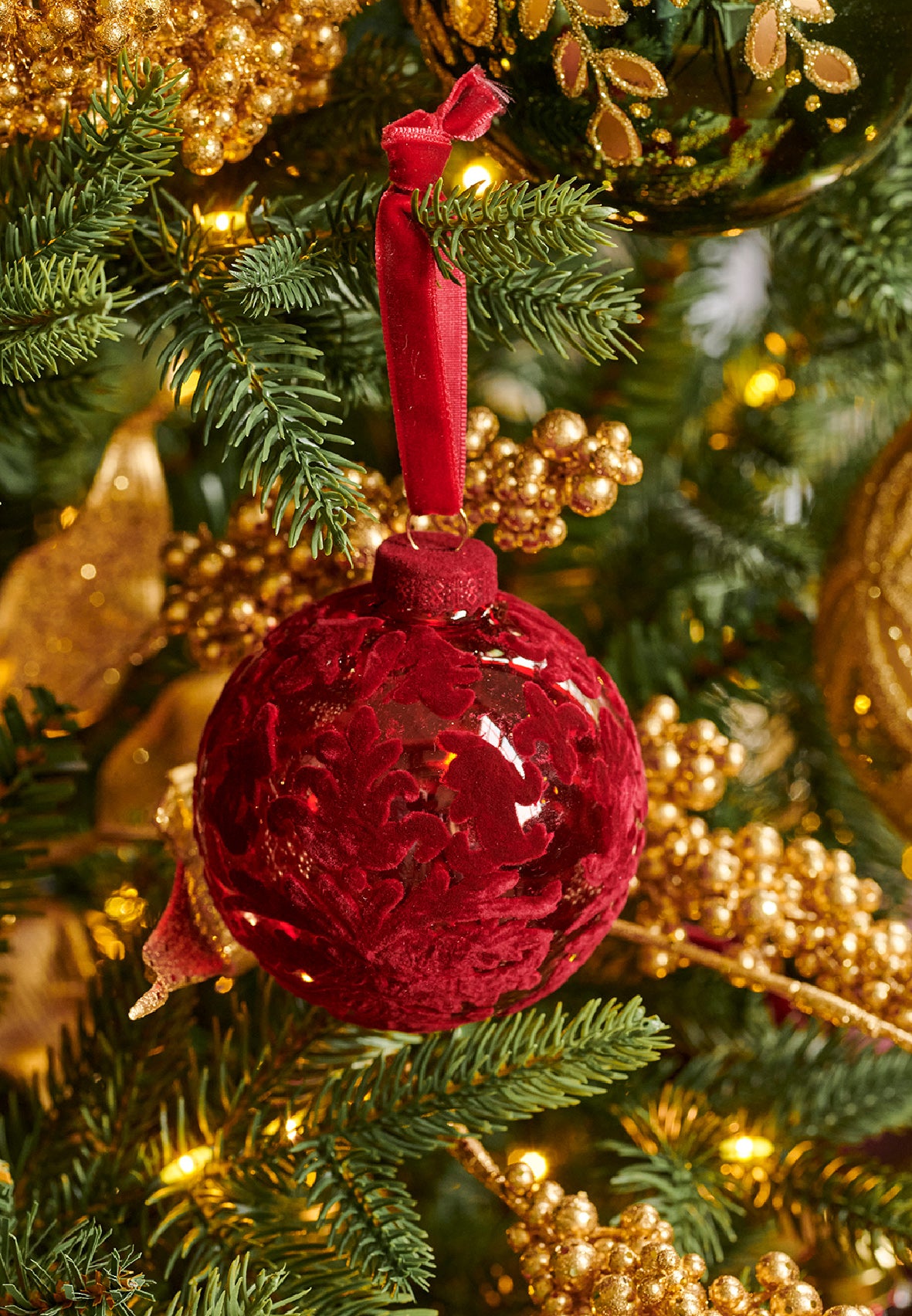 Bauble Glass Flock Finish with Velvet Baroque Print - Pine Green - Christmas Red