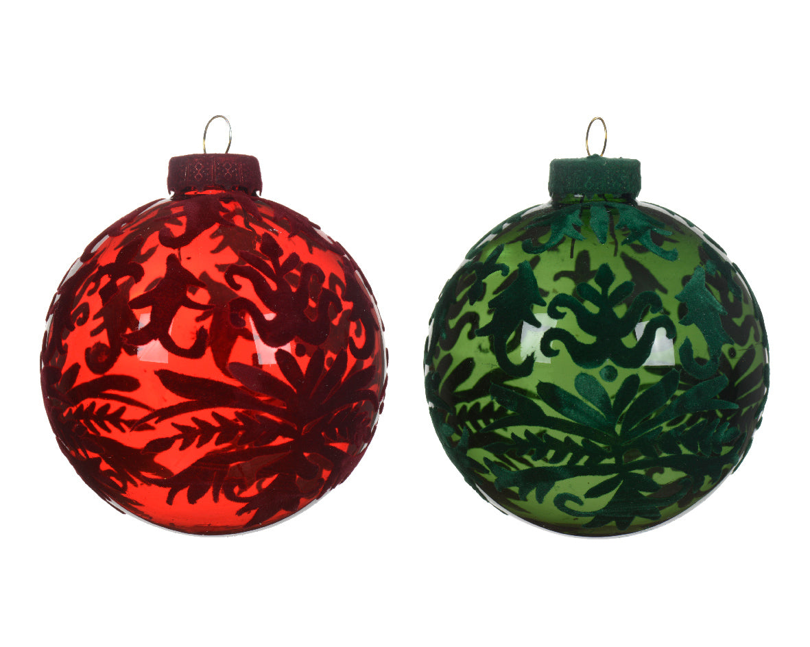 Bauble Glass Flock Finish with Velvet Baroque Print - Pine Green - Christmas Red