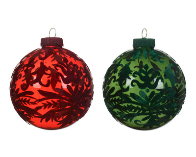 Bauble Glass Flock Finish with Velvet Baroque Print - Pine Green - Christmas Red