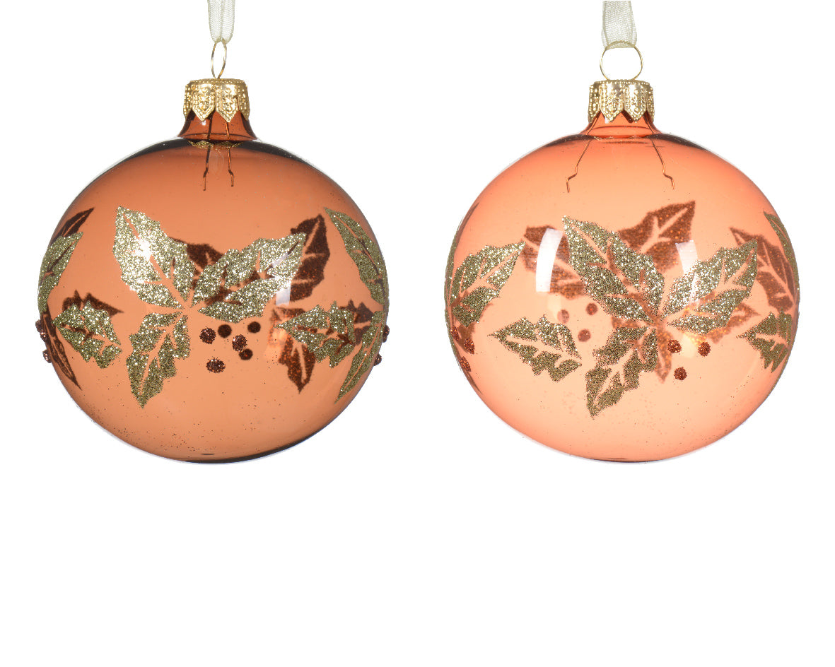 Bauble Glass in Clear Shiny Holly with Berries - Espresso - Red Copper