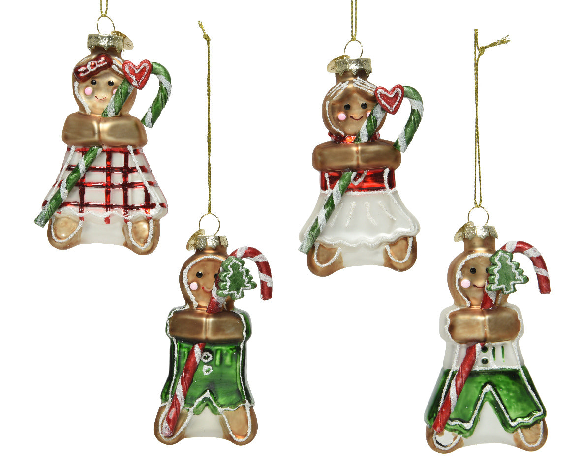 Gingerbread Female and Male in Glass with Glitter - Red / Green