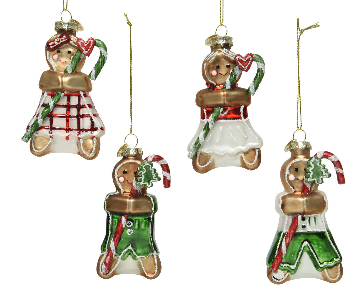 Gingerbread Female and Male in Glass with Glitter - Red / Green