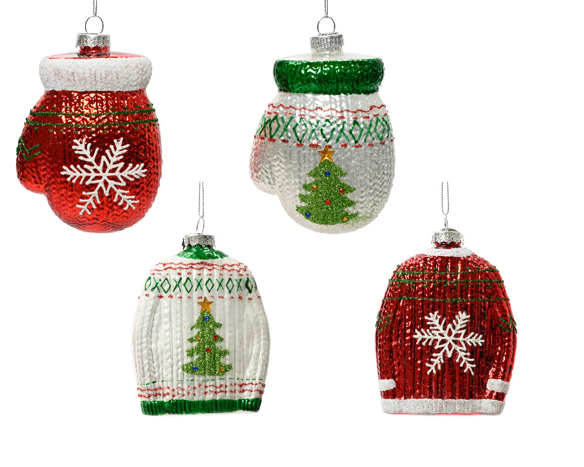 Ornament Glass Sweather and Gloves - Winter White / Christmas Red