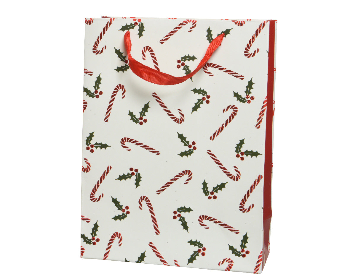 Giftbag with Glitter Berry Branch and Candy Cane - White