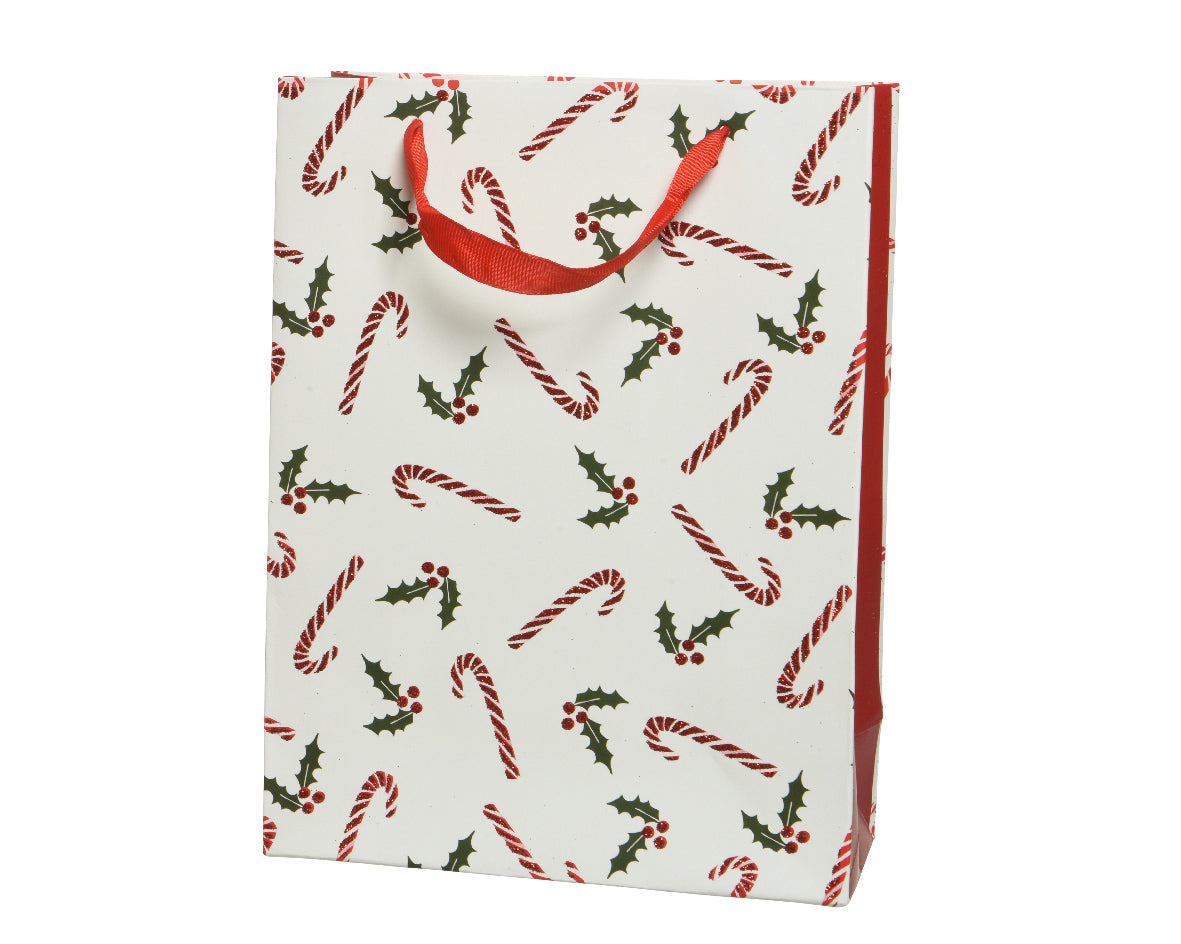 Giftbag with Glitter Berry Branch and Candy Cane - White