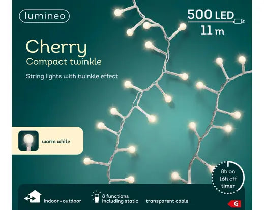 Led Cherry Lights Gb 8 Function Twinkle Effect Outdoor Transparent/Warm White