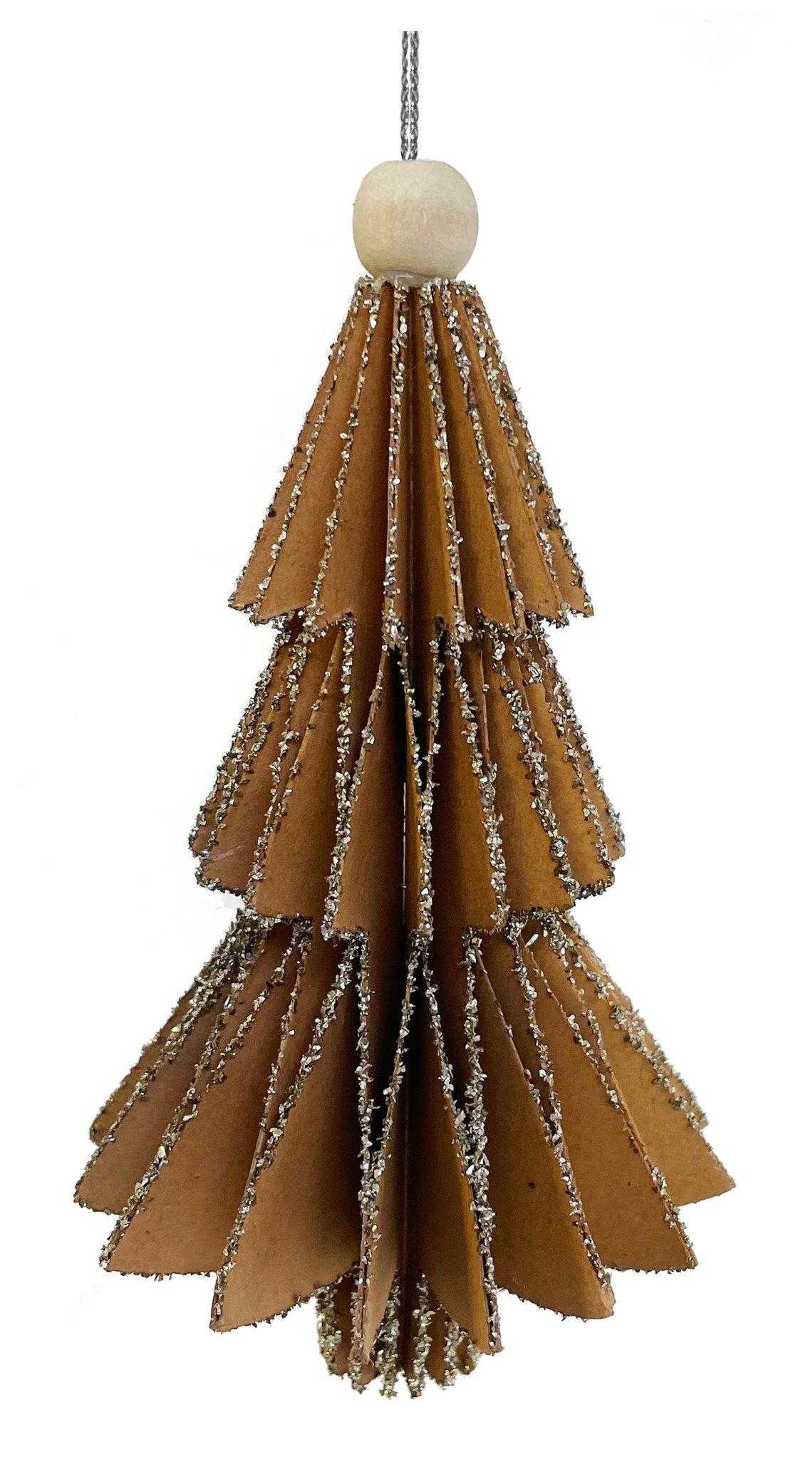 Paper tree ornament brown with silver glass glitter 15cm