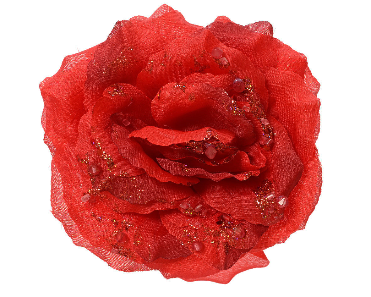 Rose on Clip with Glitter - Red