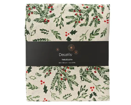 Tablecloth Cotton Rectangular N/A Misletoe And Holly Leaf White/Green
