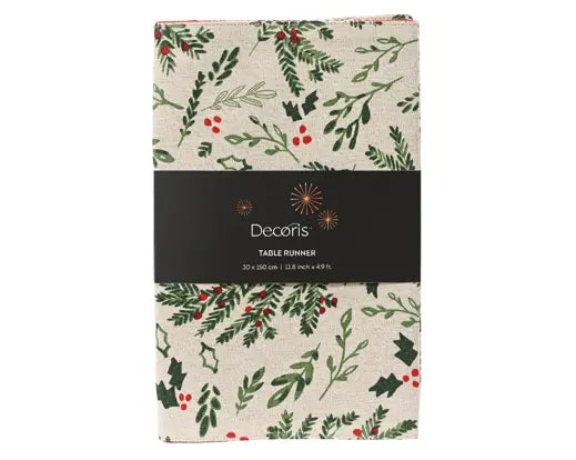 Tablerunner Cotton Rectangular N/A Misletoe And Holly Leaf White/Green