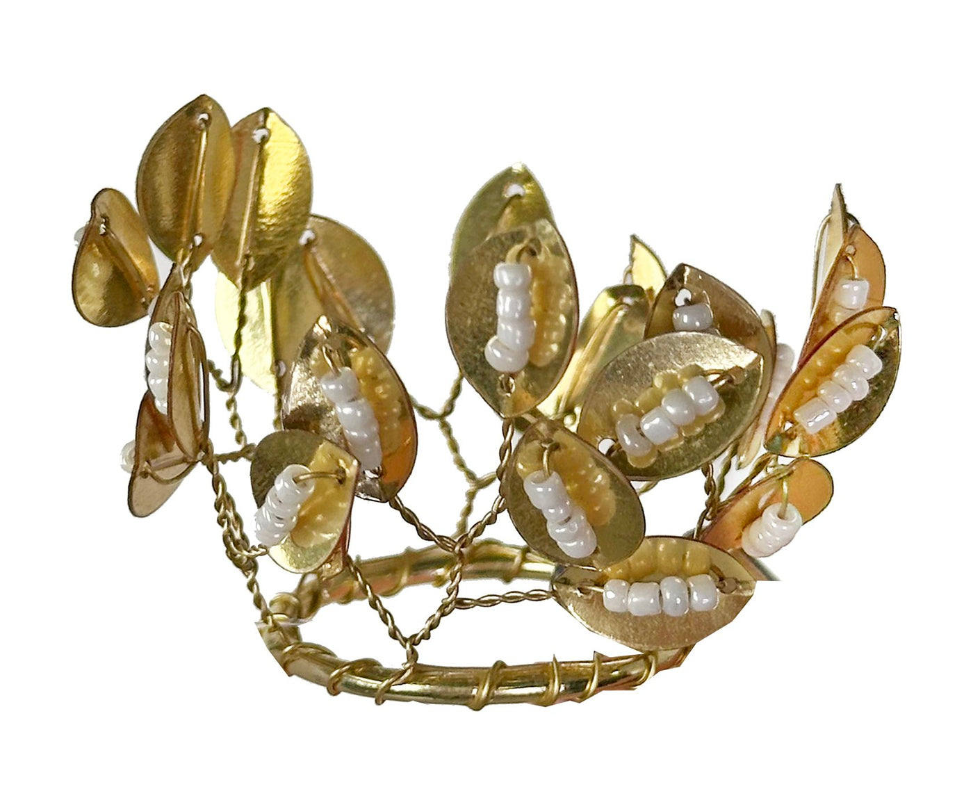 Metal leaf, bead candle ring gold white S inner d2,5cm