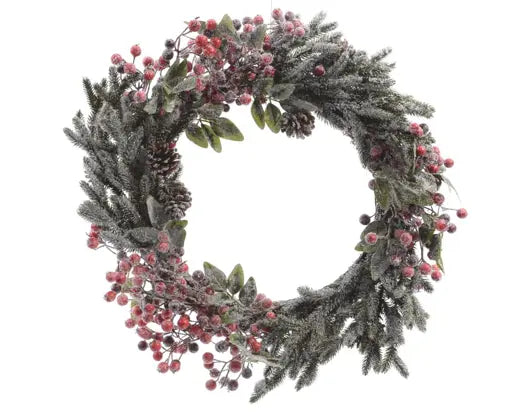 Wreath with Berries, Snow, Pinecones & Glitter - Green / Red