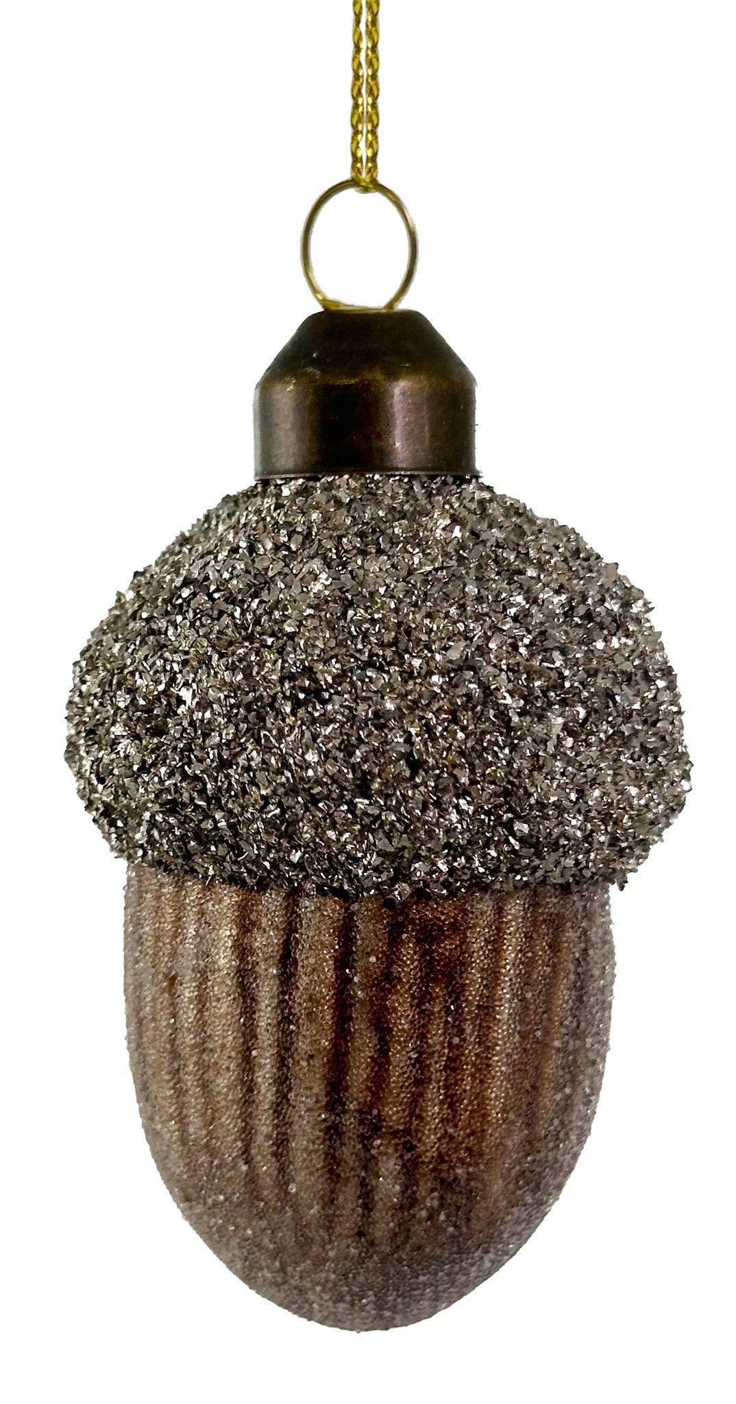 Glass Acorn Sugared Brown with Silver Glass Glitter 7cm