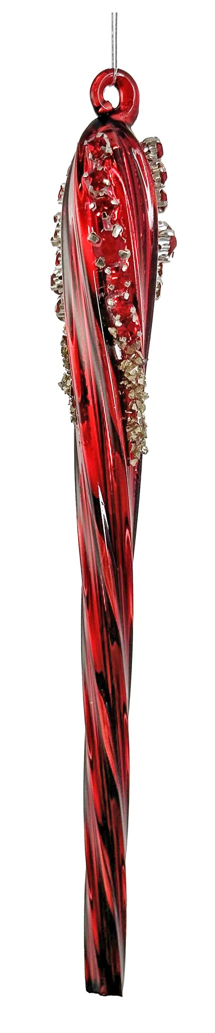 Glass icicle twisted shiny red w/red jewel & gold glass glitter 15cm