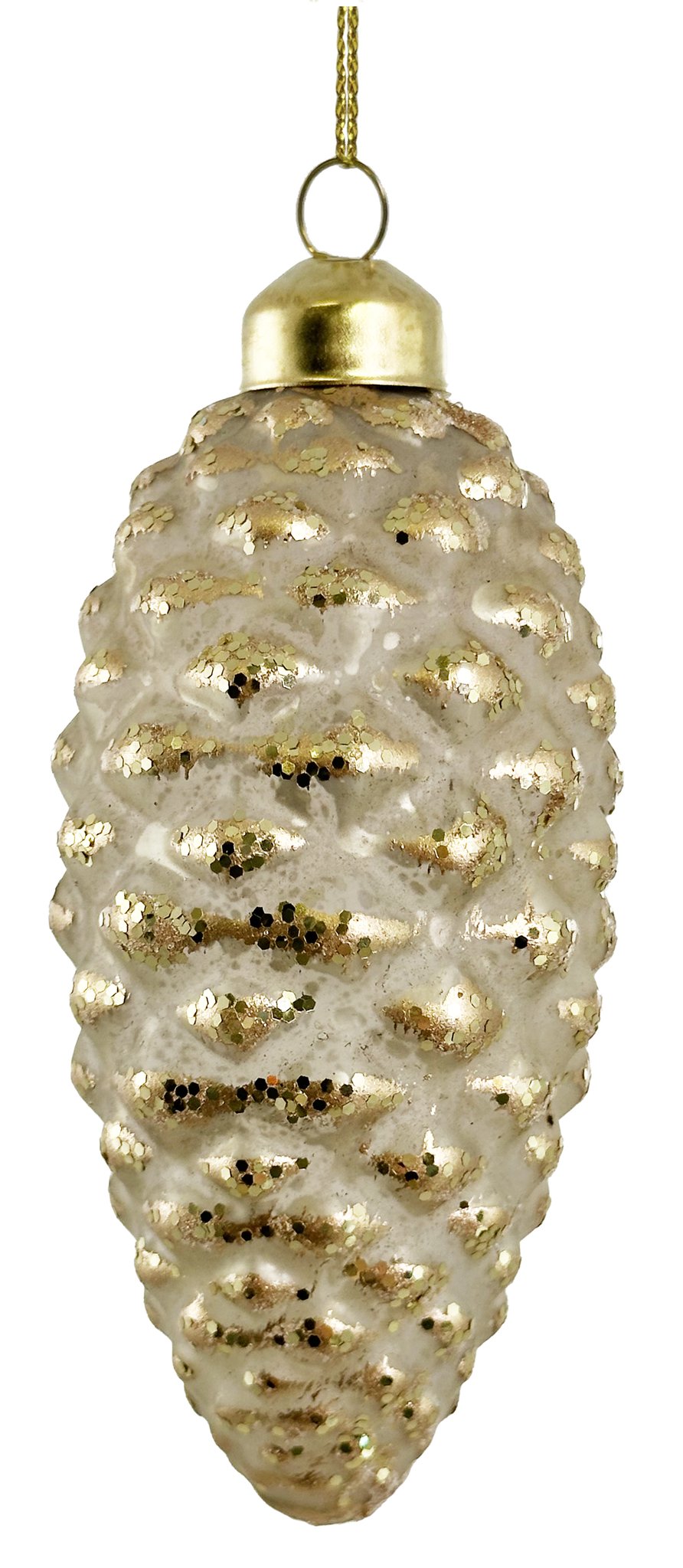 Glass pinecone antique silver mat gold glitter 11cm