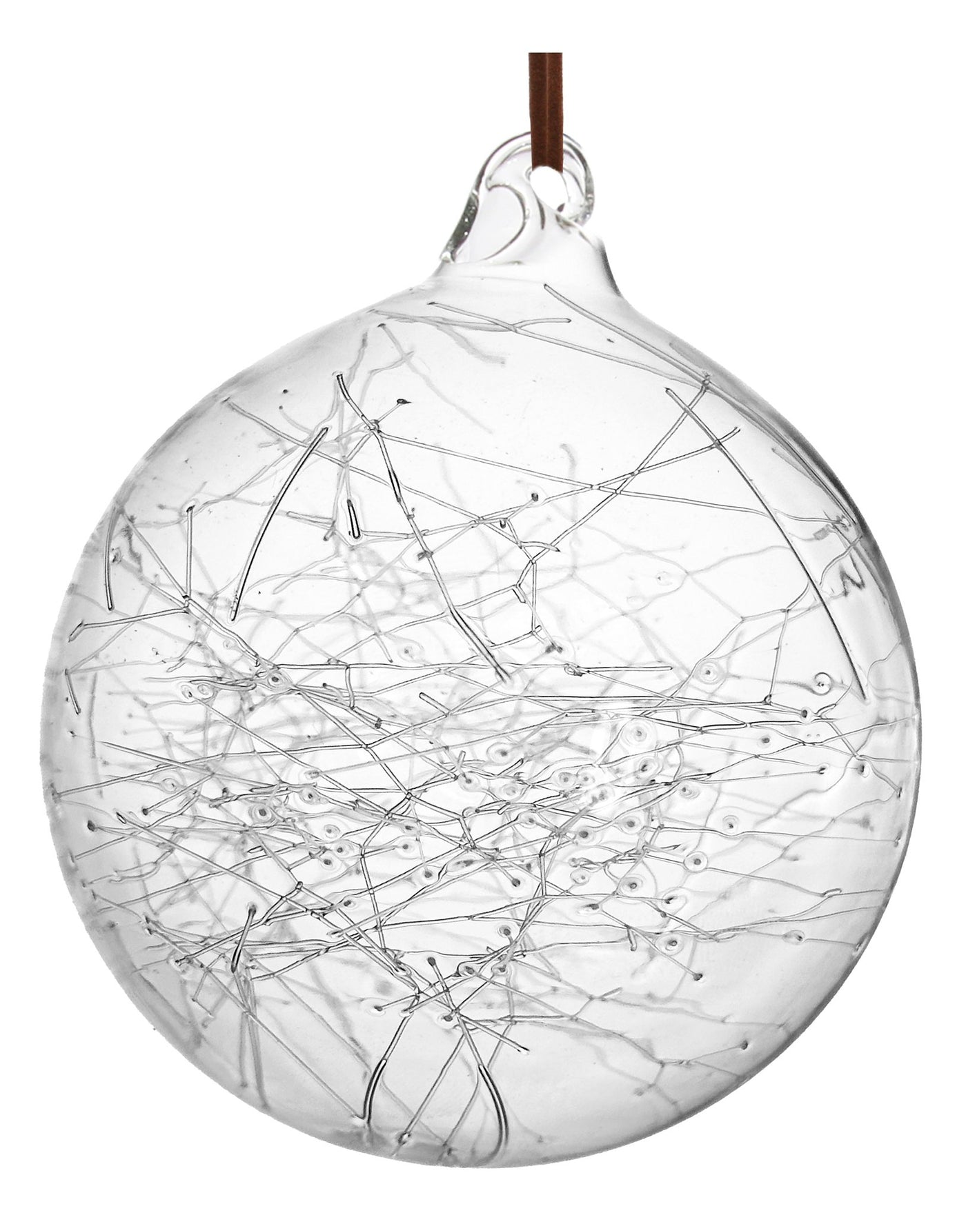 Glass ball clear w/glass threads leather hanger 8cm