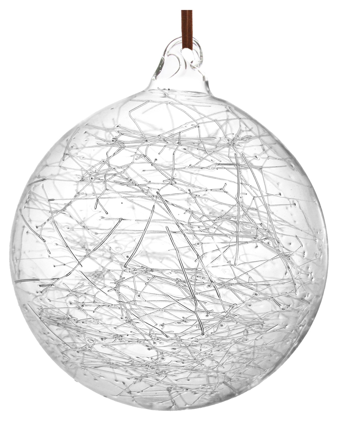 Glass ball clear w/glass threads leather hanger 10cm