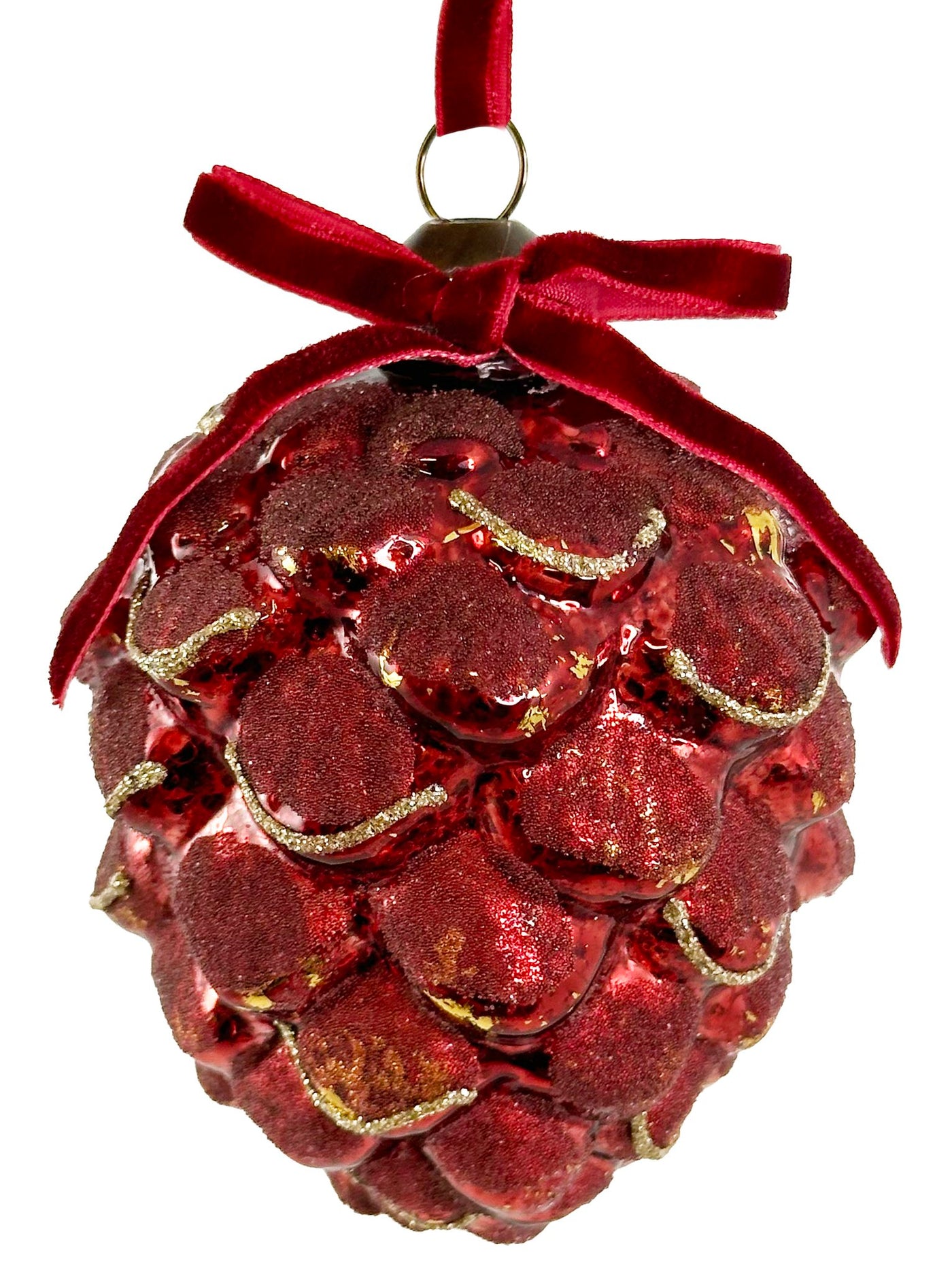 Glass round cone antique shiny red gold leaf beaded 9cm