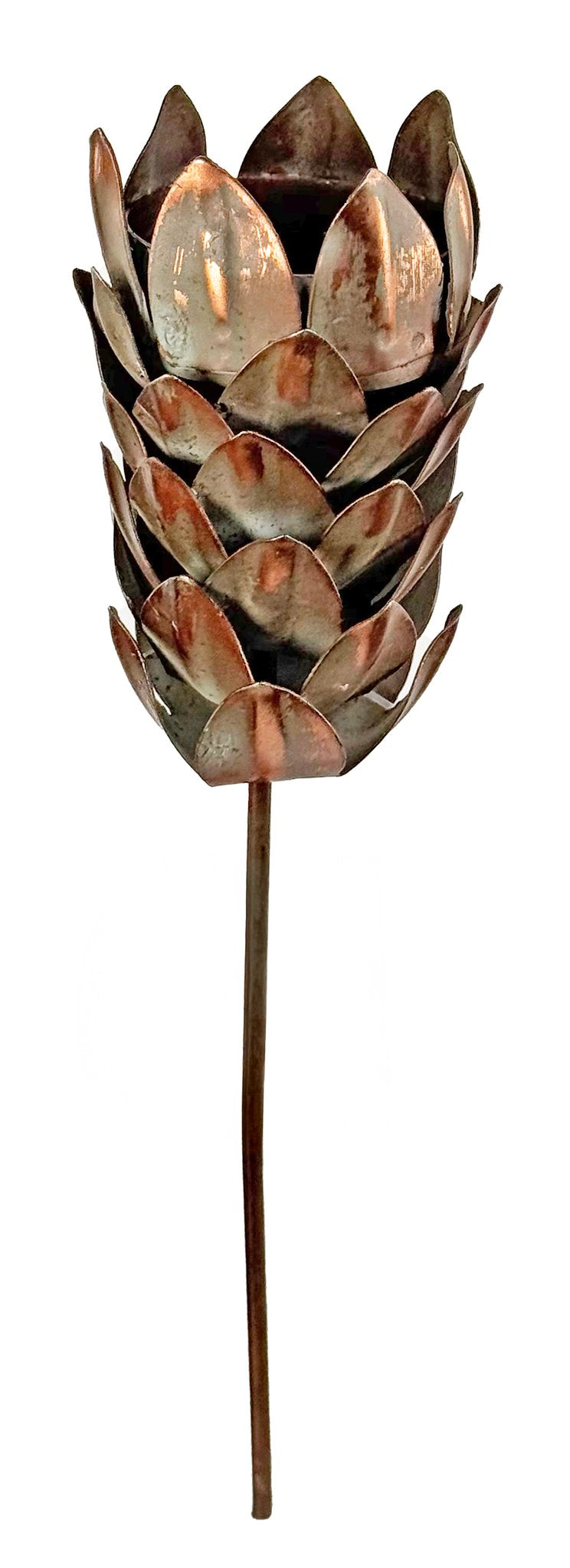 Metal cone T-light holder with stick aged copper 21cm