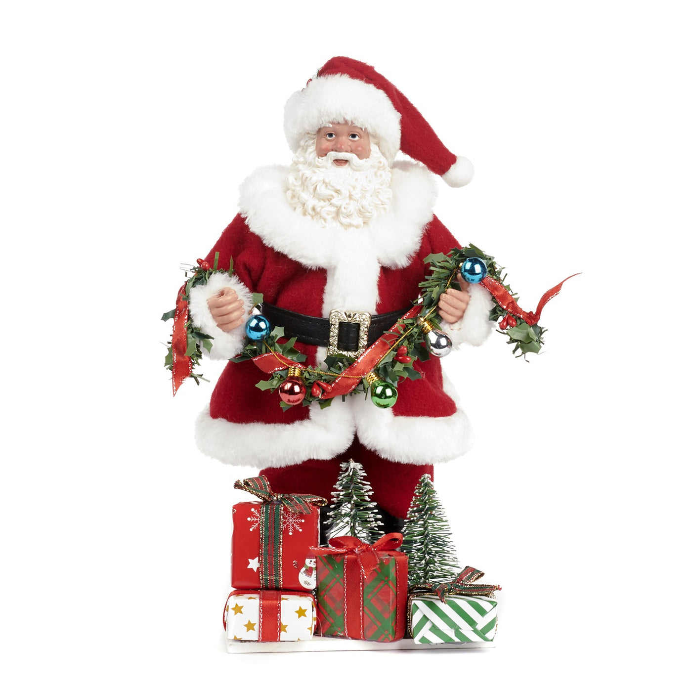 Santa with Fabric, Garland & Gifts - Red