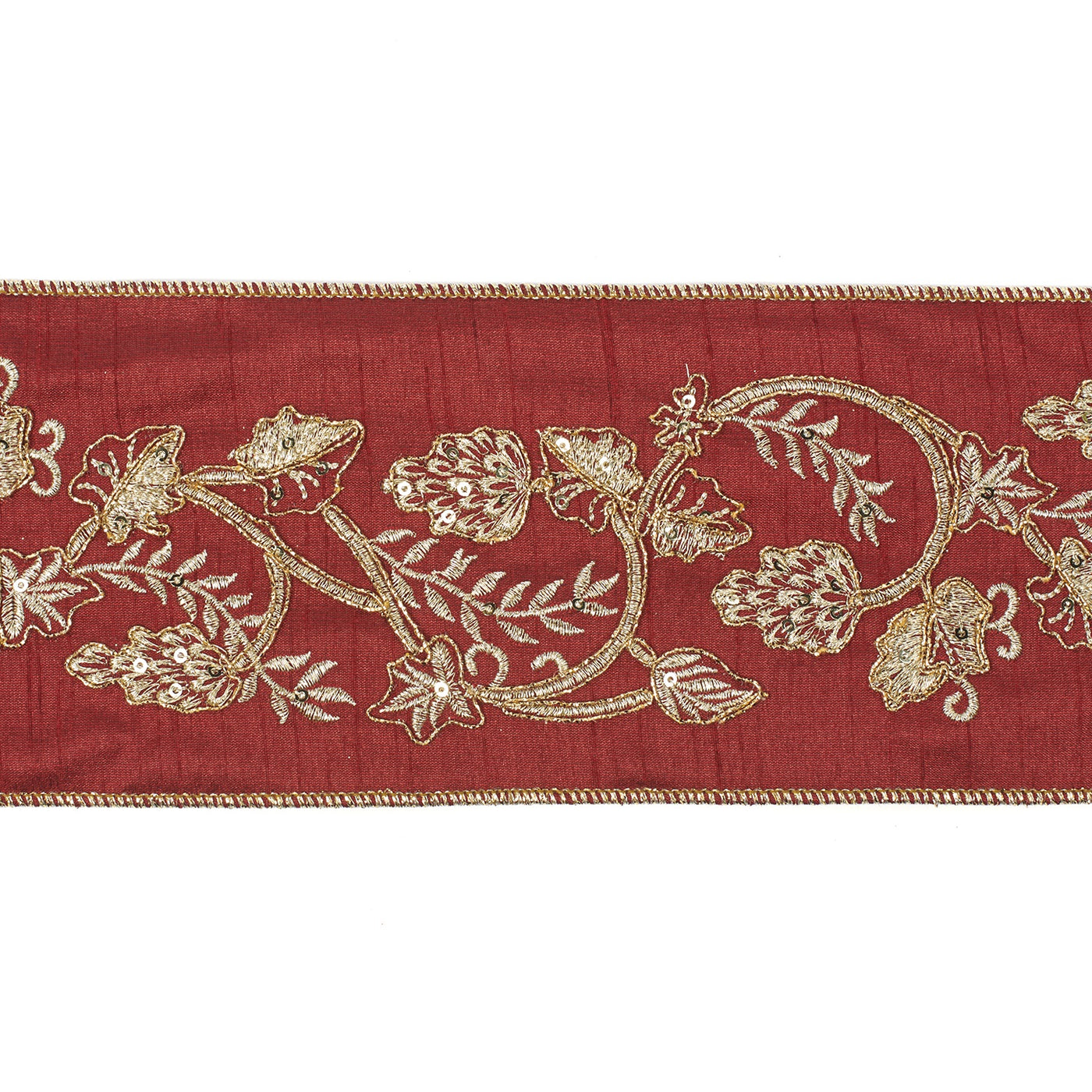 Embroidered Vine / Pinecone Ribbon  - Red / Gold