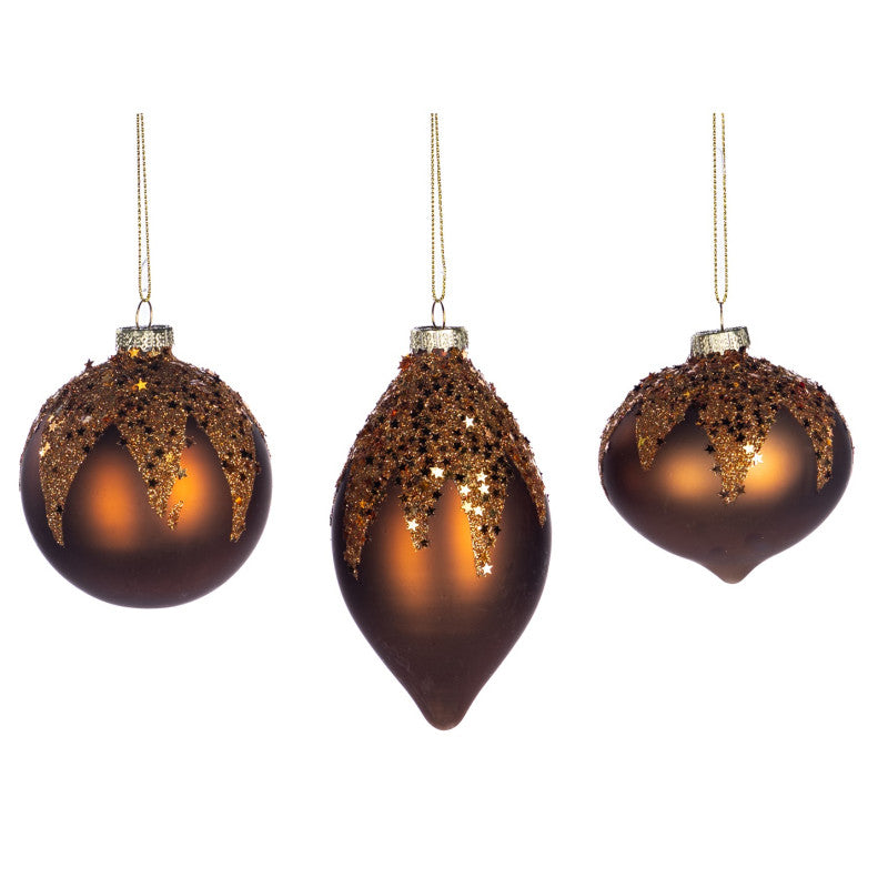 Glss Glt Star Top Ball/Fin.Orn Ass/3 Brwn/Gld 8Cm