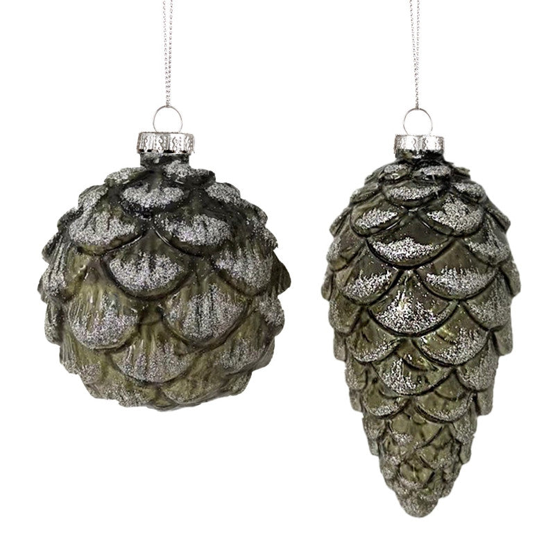 Glss Glt Pinecone Orn Ass/2 Grn 8/12Cm