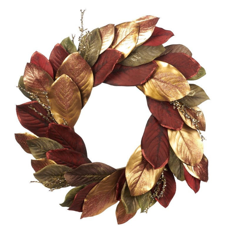 Sequin Twig and Mix Leaf Wreath - Burgundy / Green / Gold