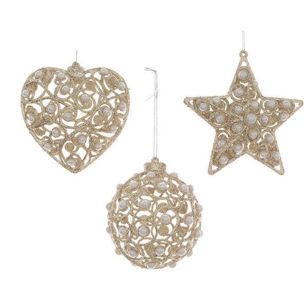 Bauble, Heart, Star with Pearl with Glitter- Champagne