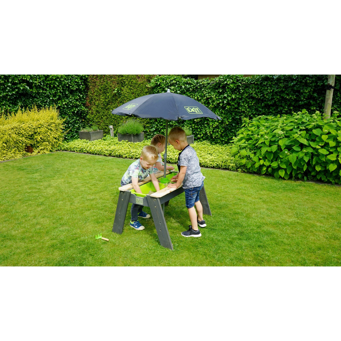 EXIT Aksent Sand & Water Table with Parasol and Gardening Tools