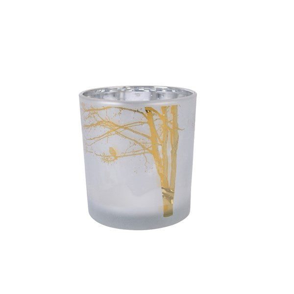 Tealightholder Glass with Bird and Tree Design - Winter White