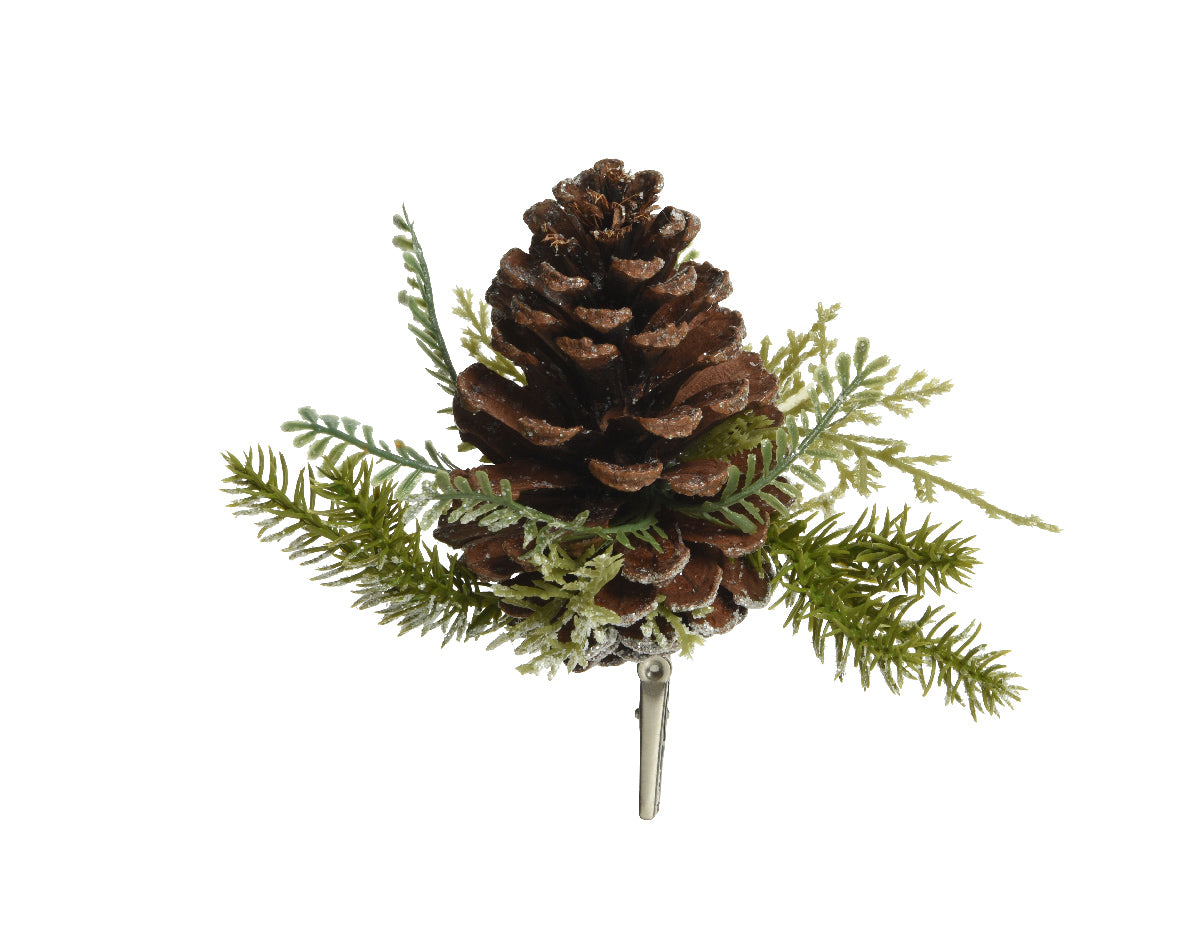 Pinecone on Clip with Sliver Glitter - Brown / Silver