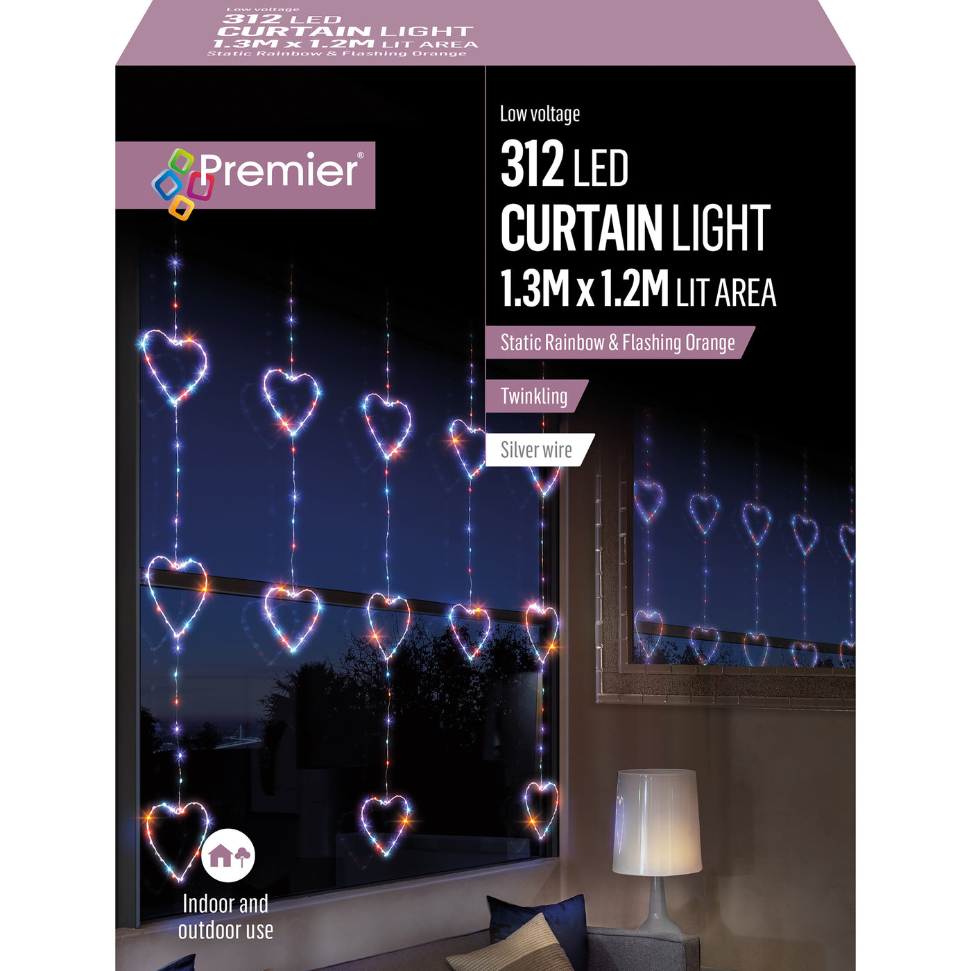 312 LED 1.2x1.3m Heart Shape Pin Wire Flashing Curtain Lights - Rainbow