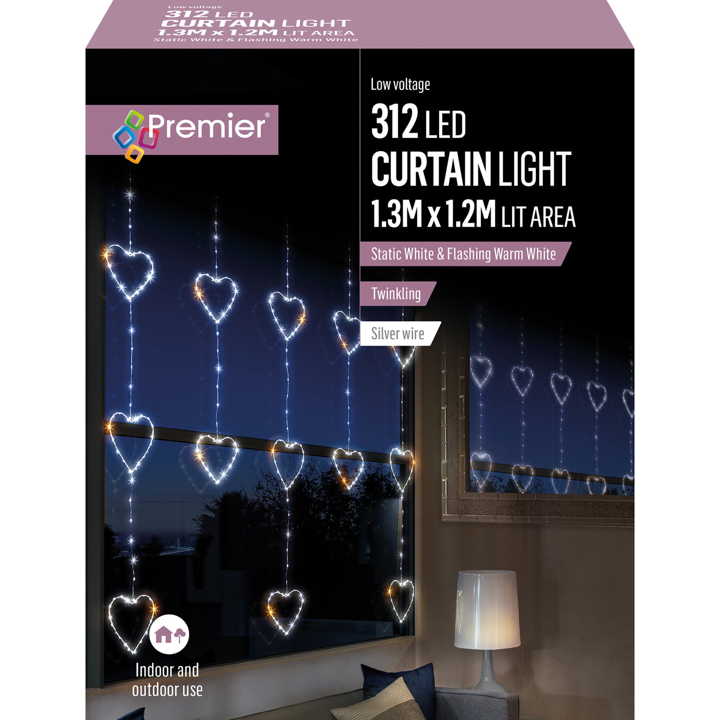312 LED 1.2x1.3m Heart Shape Pin Wire Flashing Curtain- White