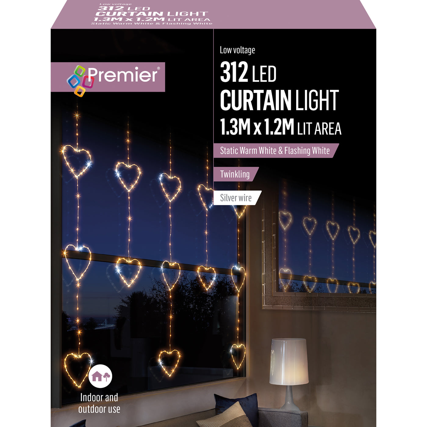 312 LED 1.2x1.3m Heart Shape Pin Wire Flashing Curtain- Warm White