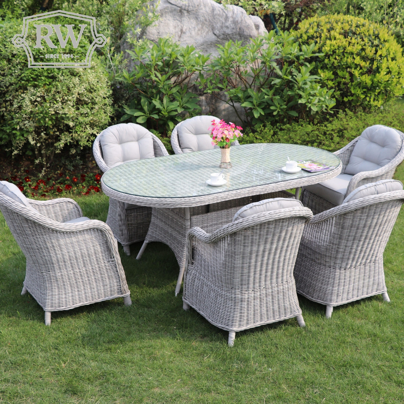 Sepino - 6 Seater Set with Oval Table & Lazy Susan (Light Grey)