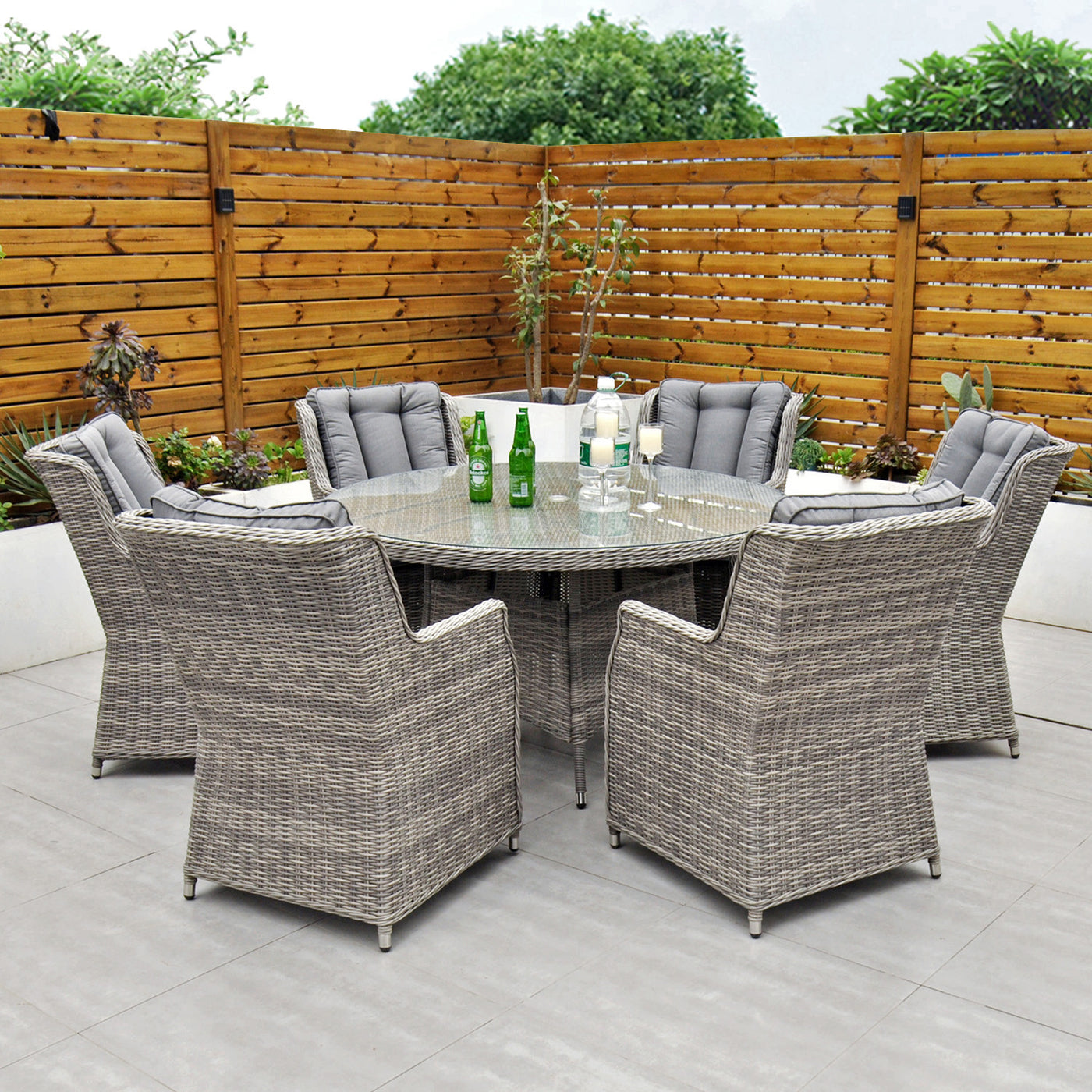 Yale - 6 Seat Set with 135cm Round Table (Grey Cushions)